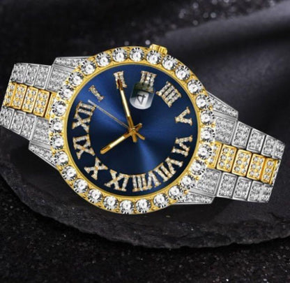 Bling 477619 Analog Quartz Men ケバケバ ゴージャスラインストーンwatch ブリンブリン デイカウント ブルー