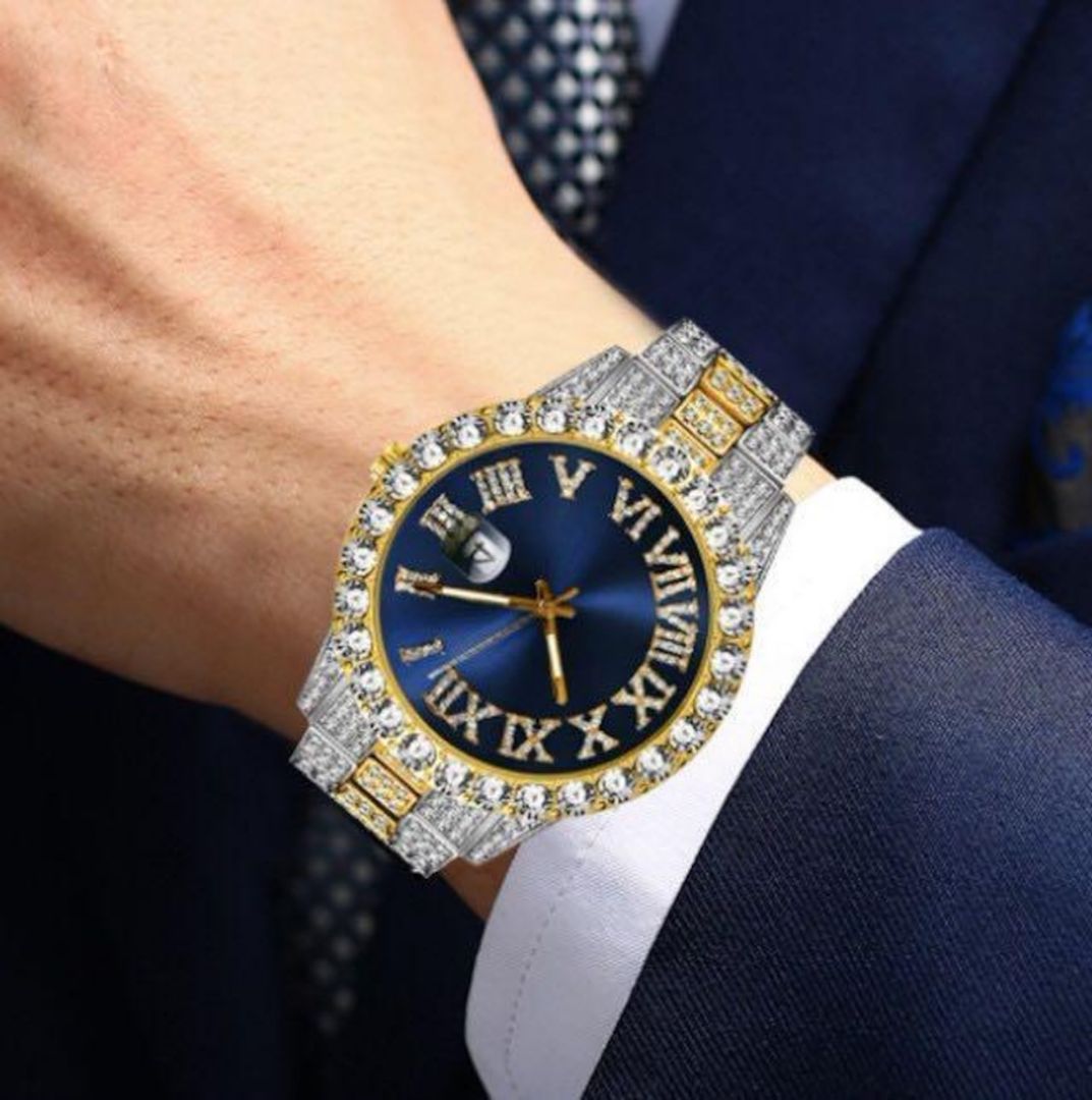 Bling 477619 Analog Quartz Men ケバケバ ゴージャスラインストーンwatch ブリンブリン デイカウント ブルー