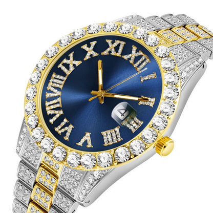Bling 477619 Analog Quartz Men ケバケバ ゴージャスラインストーンwatch ブリンブリン デイカウント ブルー