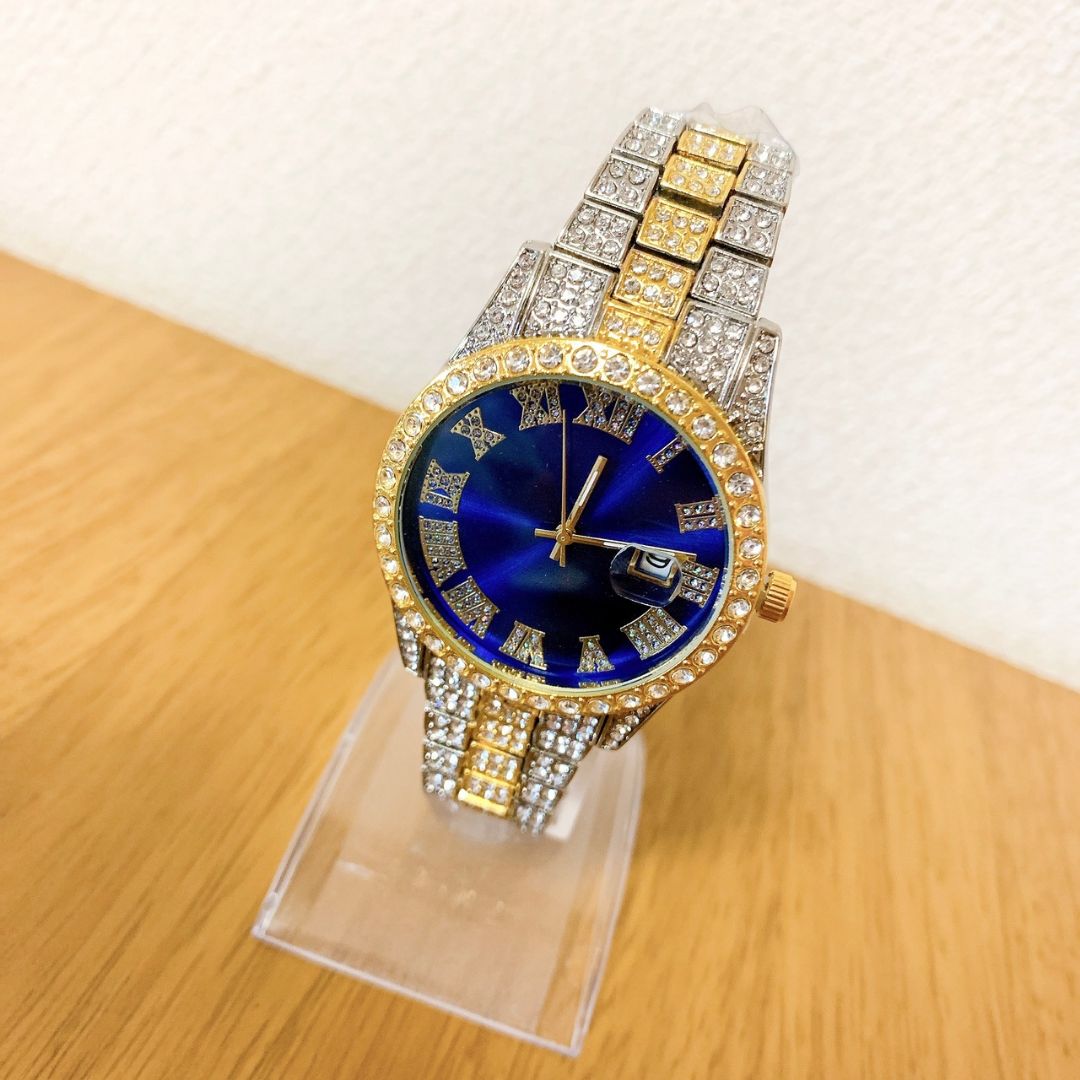 Bling 477619 Analog Quartz Men ケバケバ ゴージャスラインストーンwatch ブリンブリン デイカウント ブルー