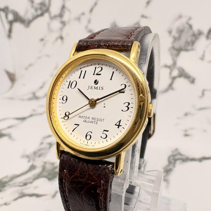 Jemis Analog Quartz Men Watch Gold Tone White Leather Strap