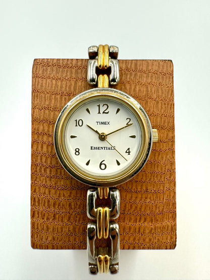 Timex Essentials Analog Quartz Women Ladies Two Tone Round White Dial Vintage Watch Running