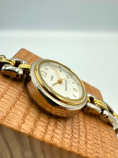 Timex Essentials Analog Quartz Women Ladies Two Tone Round White Dial Vintage Watch Running