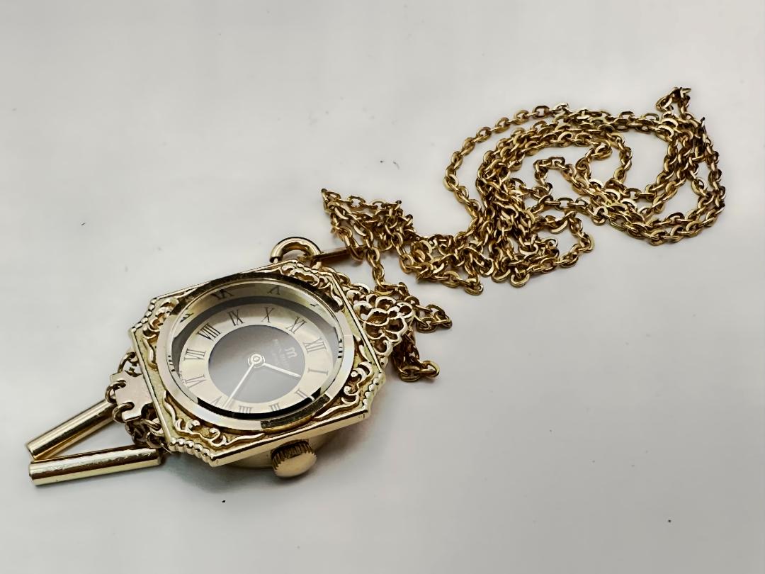 Mon Bijou Swiss Mechanical Necklace Pocket Watch 22mm Gold Tone