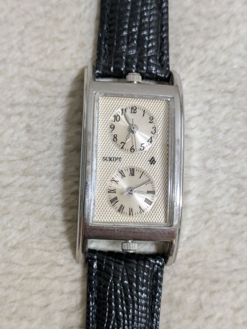 Script Analog Quartz Men スクリプト 二重文字盤 時計 シルバー ブラック
