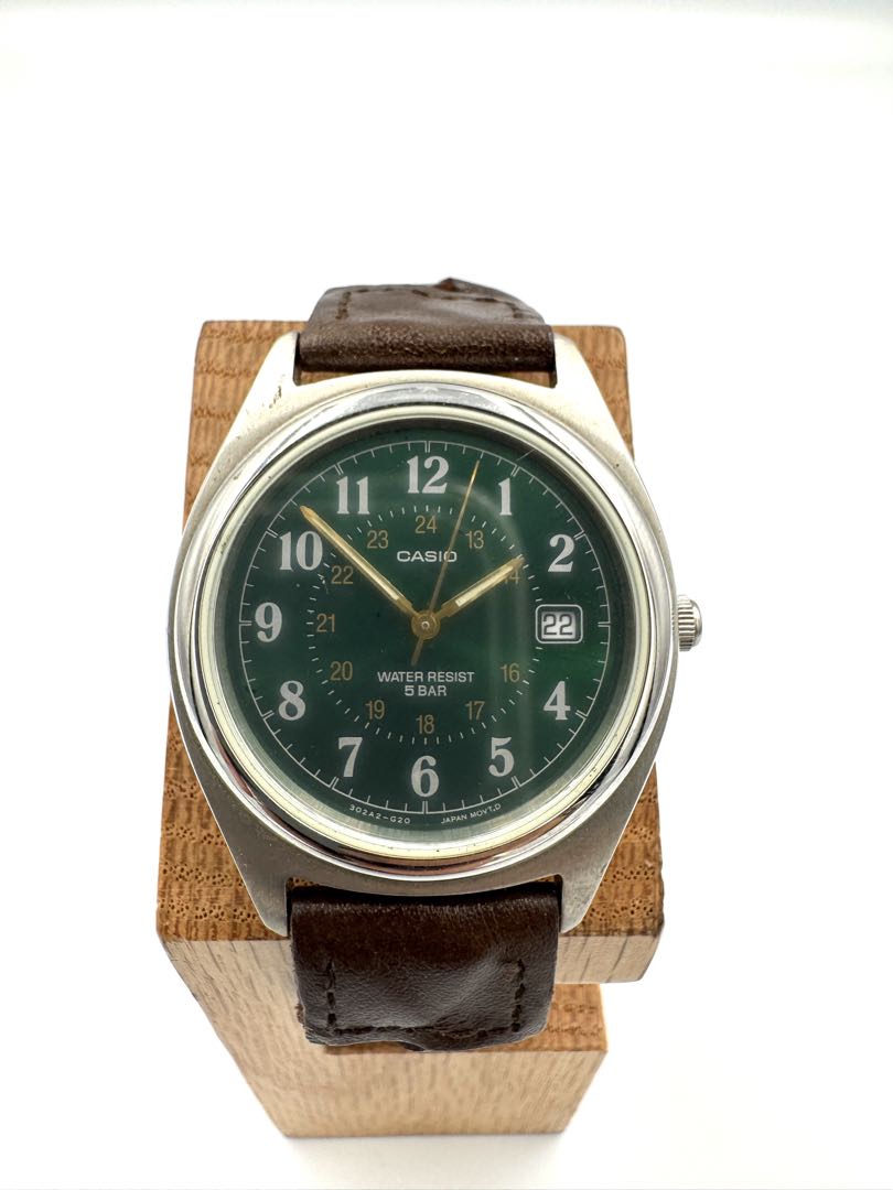 Casio MV-122-3B MV-122 Analog Quartz Unisex Adults Watch 34Mm Green Dial Brown Leather Strap