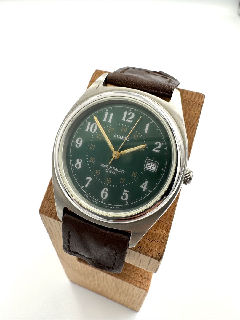 Casio MV-122-3B MV-122 Analog Quartz Unisex Adults Watch 34Mm Green Dial Brown Leather Strap