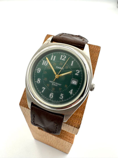 Casio MV-122-3B MV-122 Analog Quartz Unisex Adults Watch 34Mm Green Dial Brown Leather Strap