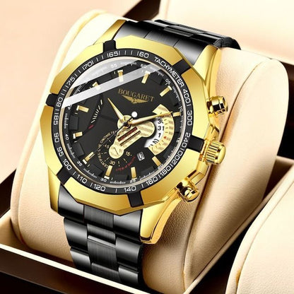 Bougaret Analog Quartz Men ブガレ 未使用品 Chronograph Watch ラグジュアリー 黒ゴールド