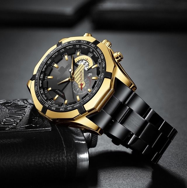 Bougaret Analog Quartz Men ブガレ 未使用品 Chronograph Watch ラグジュアリー 黒ゴールド