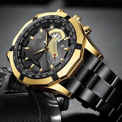 Bougaret Analog Quartz Men ブガレ 未使用品 Chronograph Watch ラグジュアリー 黒ゴールド