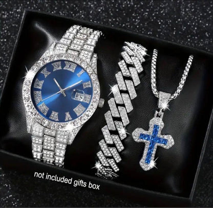 Bling Analog Quartz Men ケバケバ 限定sale ブリンブリン時計＆ジュエリー豪華3点set
