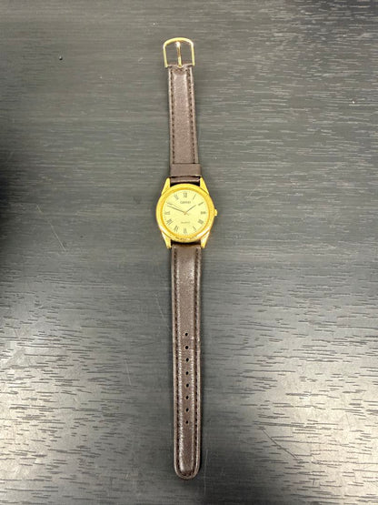 Seiko Current Analog Quartz Men Retro Gold Case Watch Leather Belt Men's