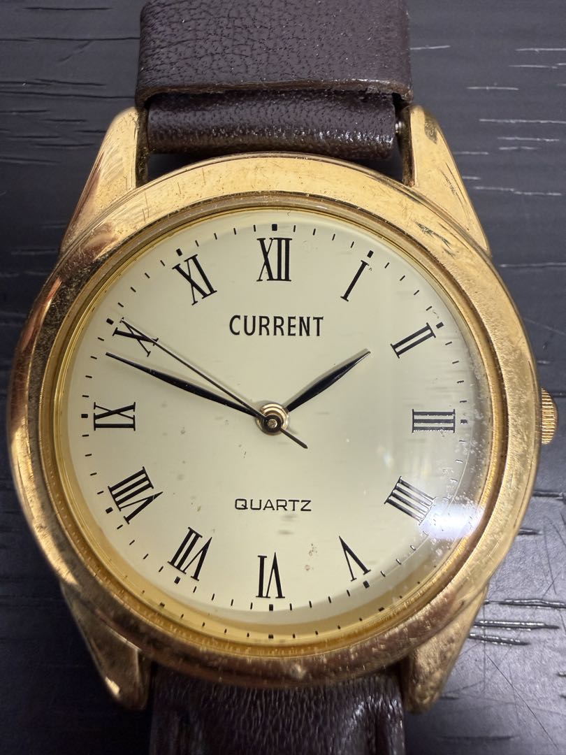 Seiko Current Analog Quartz Men Retro Gold Case Watch Leather Belt Men's