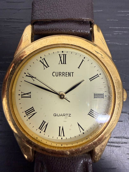 Seiko Current Analog Quartz Men Retro Gold Case Watch Leather Belt Men's