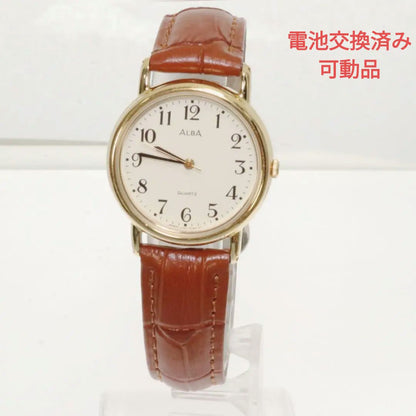 Seiko Alba V501-6B90 Analog Quartz Men Men'S Wristwatch Gold Tone Case Brown Leather Band