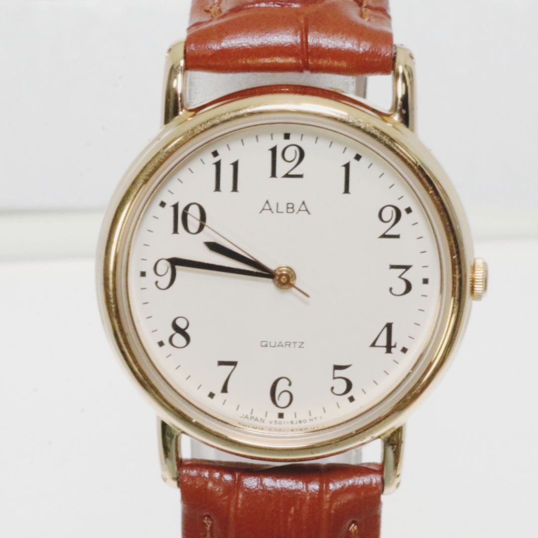 Seiko Alba V501-6B90 Analog Quartz Men Men'S Wristwatch Gold Tone Case Brown Leather Band