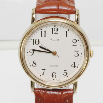 Seiko Alba V501-6B90 Analog Quartz Men Men'S Wristwatch Gold Tone Case Brown Leather Band