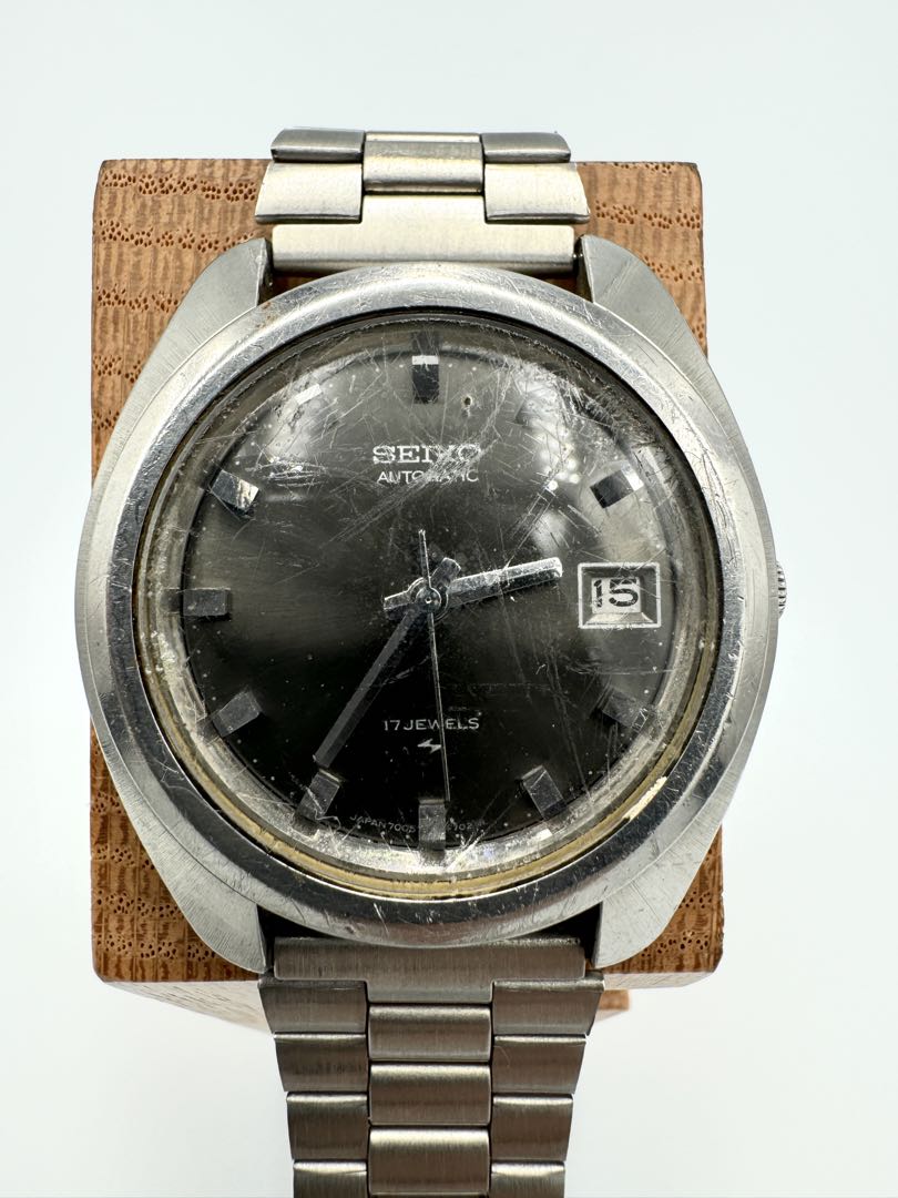 Seiko Automatic 7005-7030 Analog Mechanical (Automatic) Unisex Adults 17 Jewels Black Dial Men'S Watch Head Only Japan