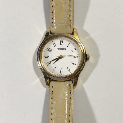 Seiko 7N01-0DF0 Analog Quartz Women Beautiful Item Leather Band Beige White Dial Working Item