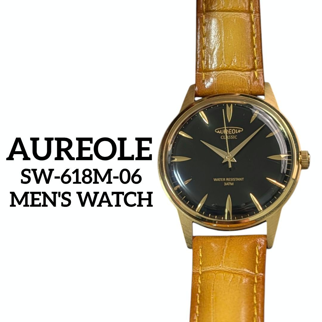 Aureole SW-618M Analog Quartz Men オレオール Watch 黒 ブラウン ゴールド