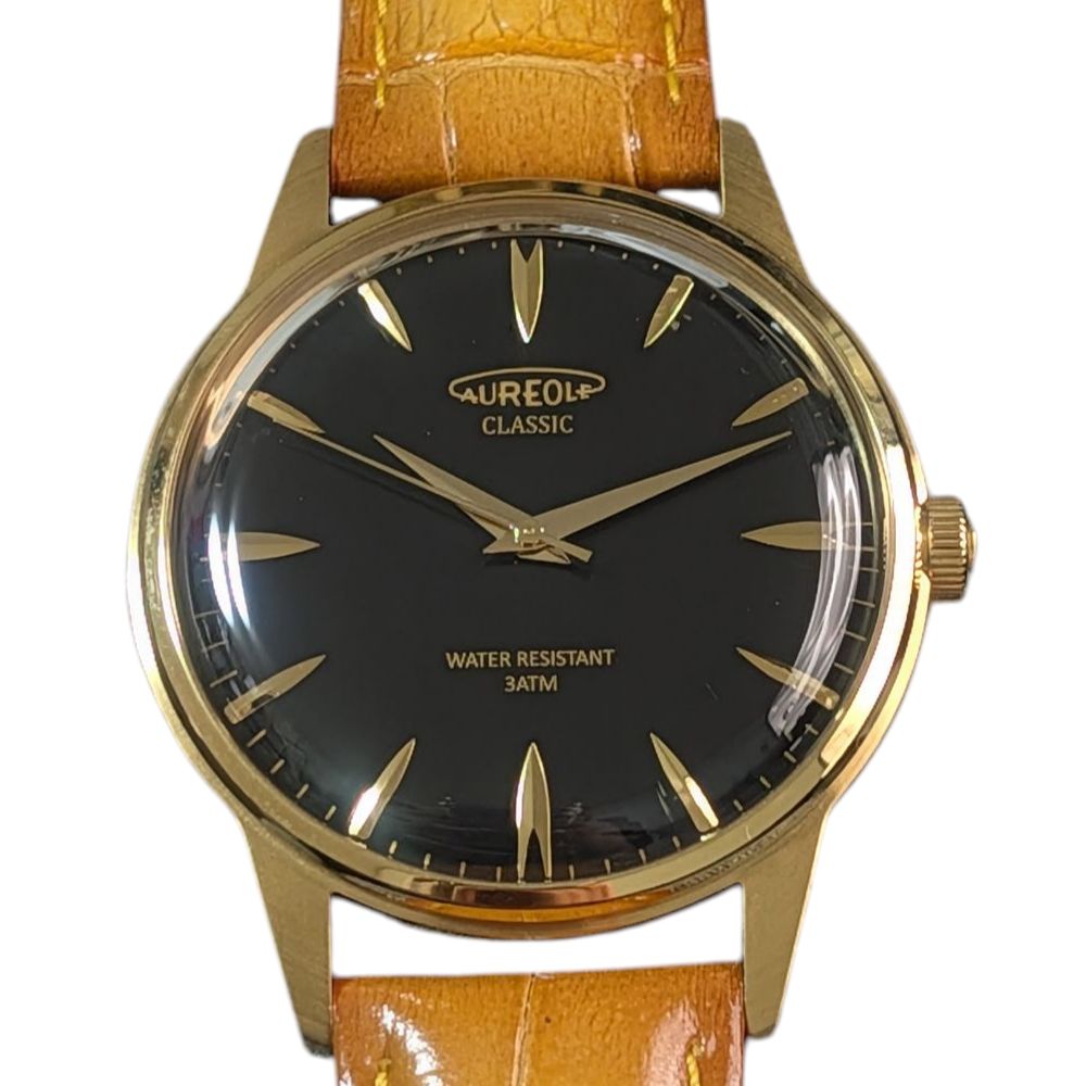 Aureole SW-618M Analog Quartz Men オレオール Watch 黒 ブラウン ゴールド