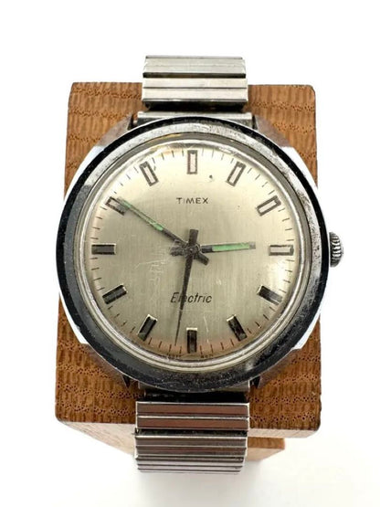 Timex Electric Analog Quartz Men Vintage Round Silver Sunburst Dial Speidel Band Watch For Parts