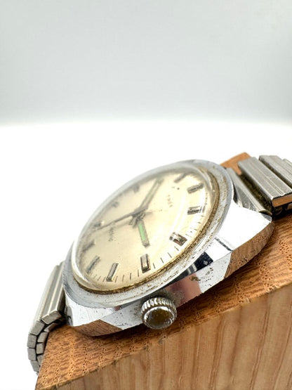 Timex Electric Analog Quartz Men Vintage Round Silver Sunburst Dial Speidel Band Watch For Parts