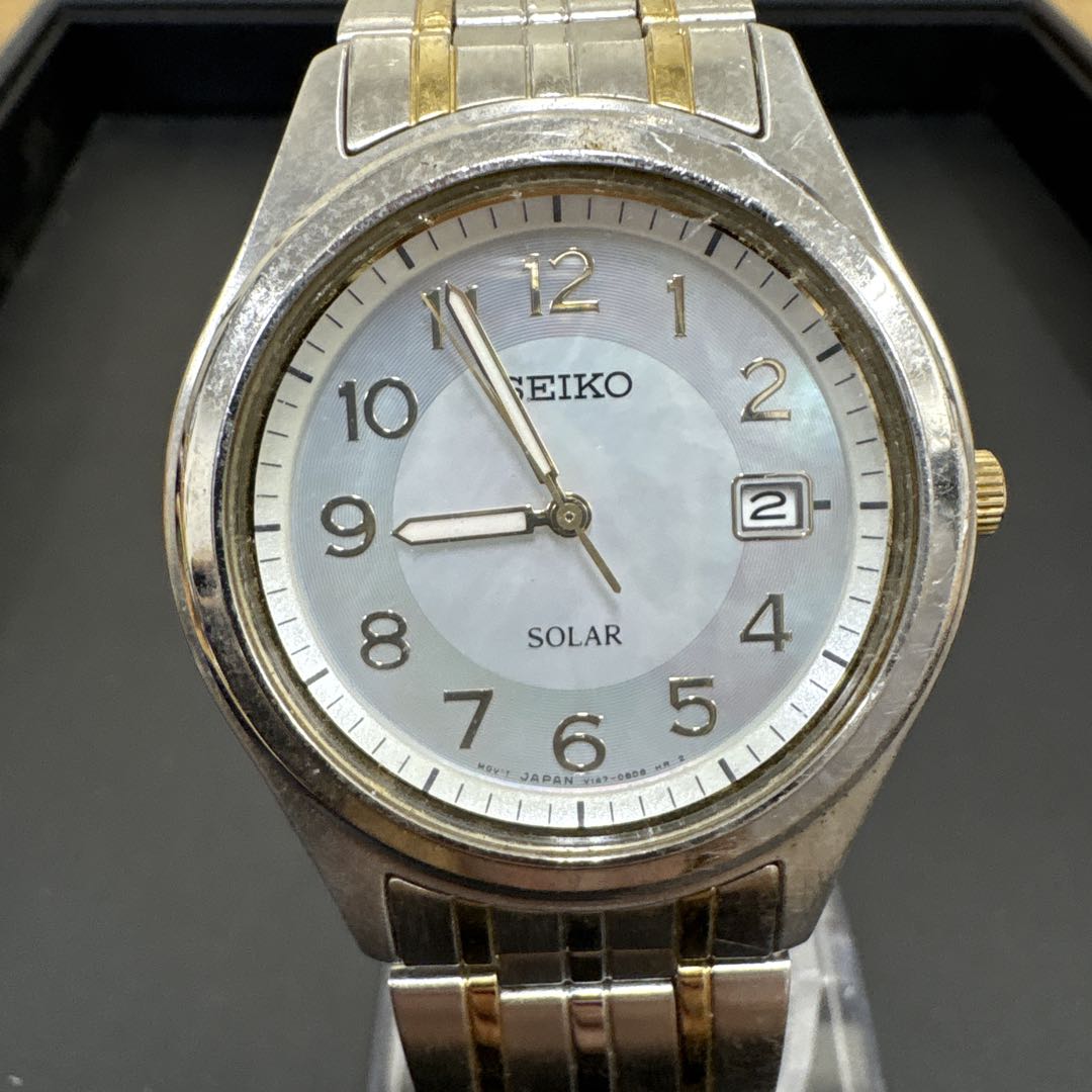 Seiko V147-0AE0 Analog Solar Men Running Ss Gp Mother of Pearl