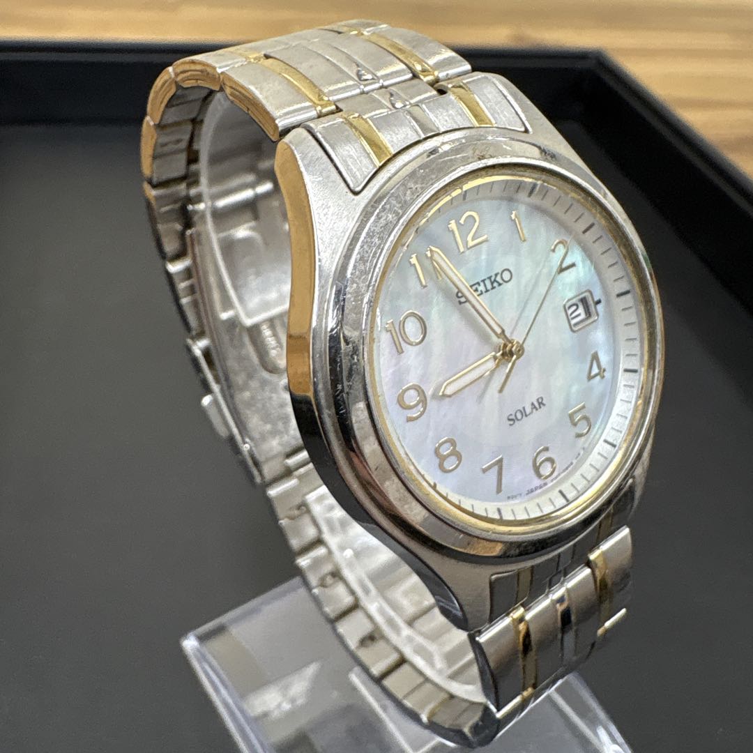 Seiko V147-0AE0 Analog Solar Men Running Ss Gp Mother of Pearl