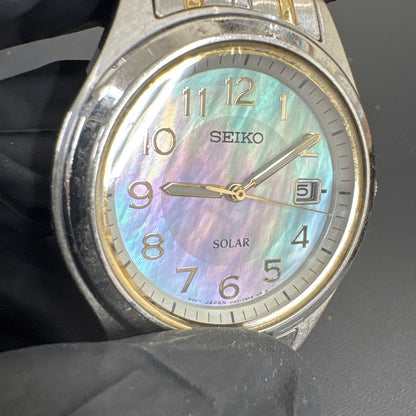 Seiko V147-0AE0 Analog Solar Men Running Ss Gp Mother of Pearl