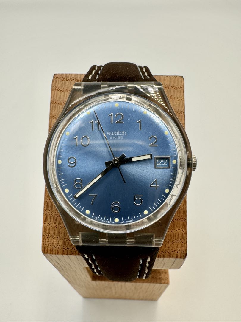 Swatch Analog Quartz Unisex Adults Wristwatch, 34Mm Case, Blue Dial, Leather Strap