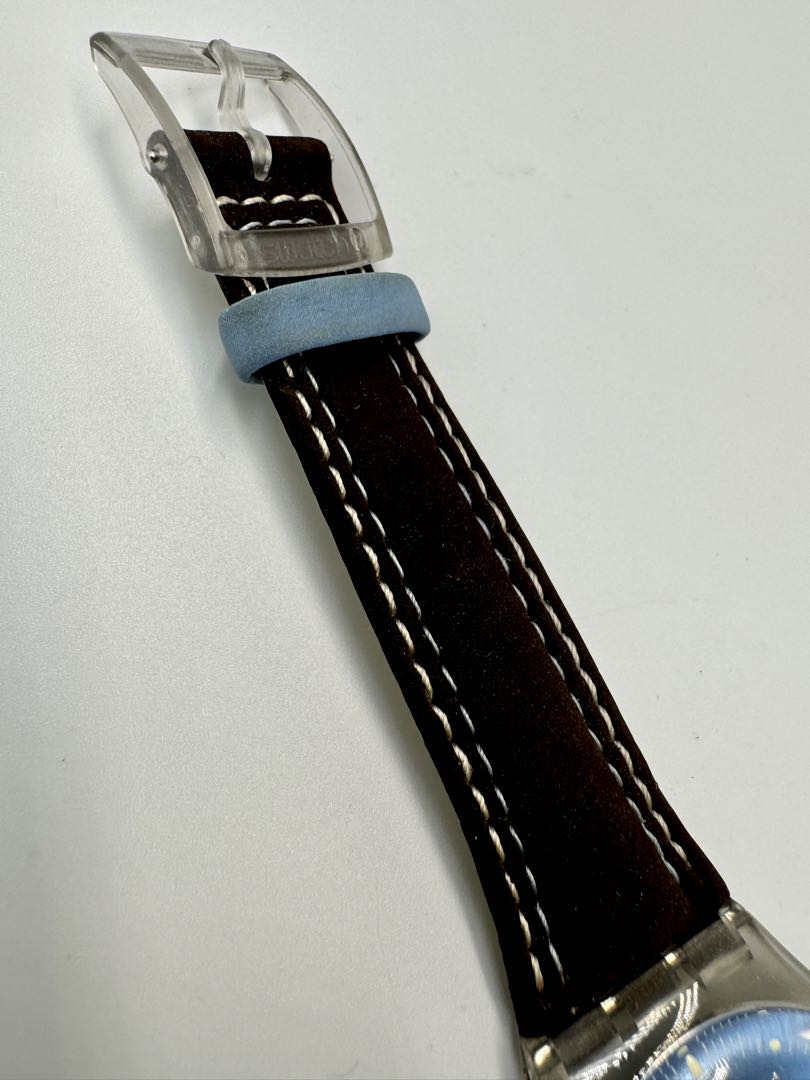 Swatch Analog Quartz Unisex Adults Wristwatch, 34Mm Case, Blue Dial, Leather Strap