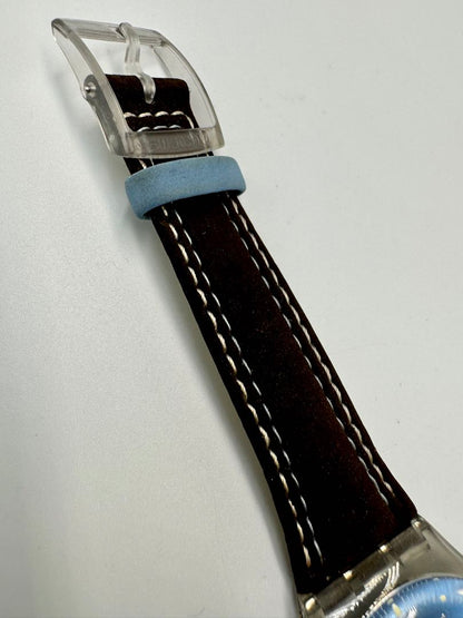 Swatch Analog Quartz Unisex Adults Wristwatch, 34Mm Case, Blue Dial, Leather Strap