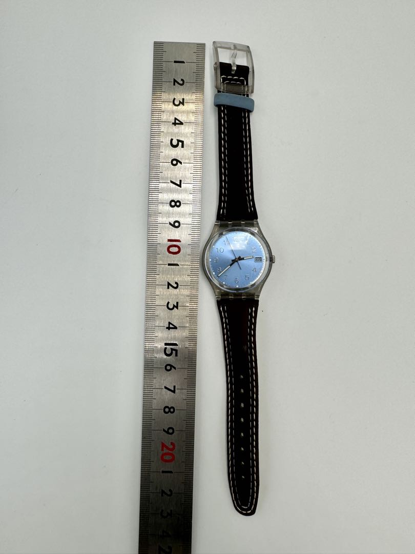 Swatch Analog Quartz Unisex Adults Wristwatch, 34Mm Case, Blue Dial, Leather Strap