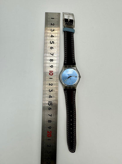 Swatch Analog Quartz Unisex Adults Wristwatch, 34Mm Case, Blue Dial, Leather Strap