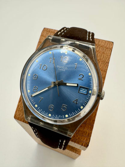 Swatch Analog Quartz Unisex Adults Wristwatch, 34Mm Case, Blue Dial, Leather Strap