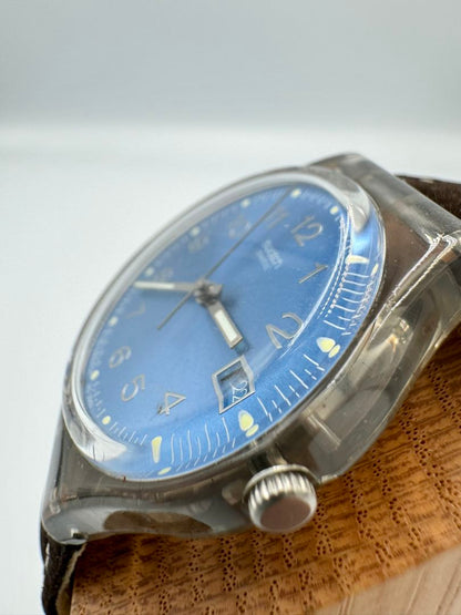 Swatch Analog Quartz Unisex Adults Wristwatch, 34Mm Case, Blue Dial, Leather Strap