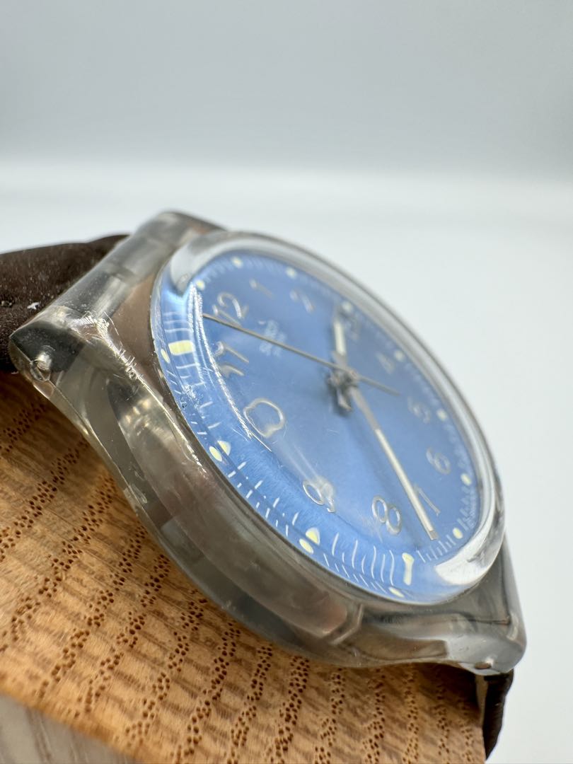 Swatch Analog Quartz Unisex Adults Wristwatch, 34Mm Case, Blue Dial, Leather Strap
