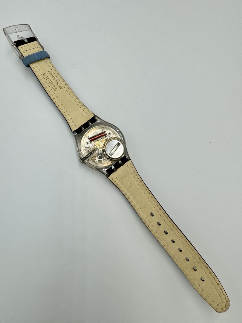 Swatch Analog Quartz Unisex Adults Wristwatch, 34Mm Case, Blue Dial, Leather Strap