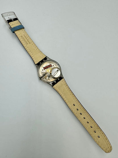 Swatch Analog Quartz Unisex Adults Wristwatch, 34Mm Case, Blue Dial, Leather Strap