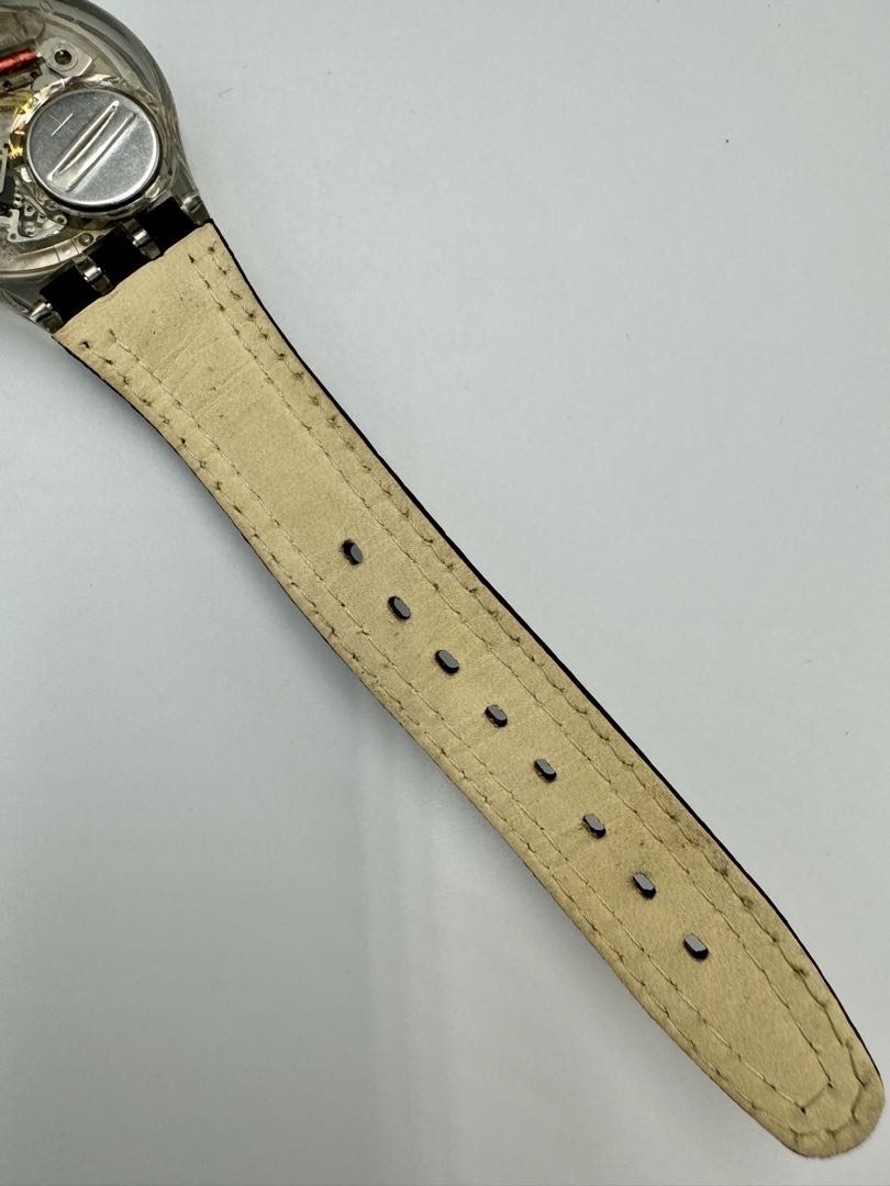Swatch Analog Quartz Unisex Adults Wristwatch, 34Mm Case, Blue Dial, Leather Strap