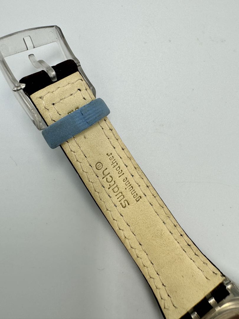 Swatch Analog Quartz Unisex Adults Wristwatch, 34Mm Case, Blue Dial, Leather Strap