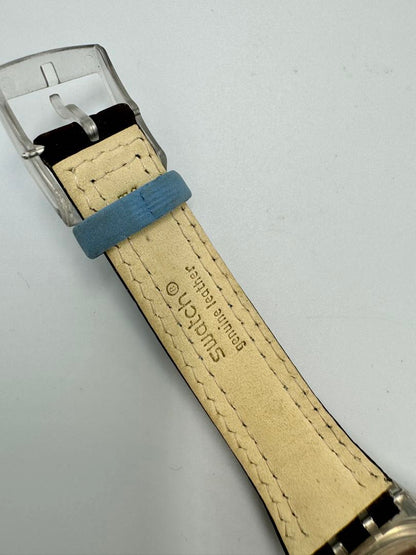 Swatch Analog Quartz Unisex Adults Wristwatch, 34Mm Case, Blue Dial, Leather Strap