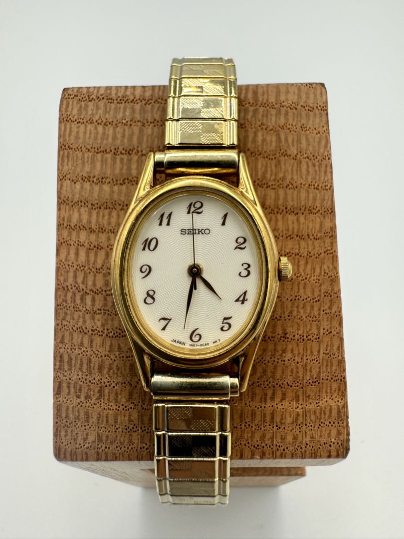 Seiko Essentials 1N01-0AW0 Analog Quartz Women Vintage Gold Plated White Oval Dial Ladies Watch Head Japan