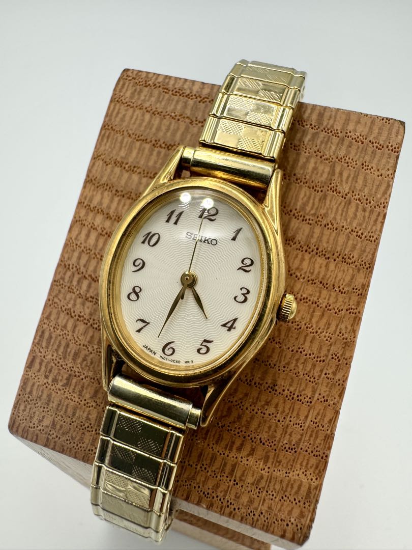 Seiko Essentials 1N01-0AW0 Analog Quartz Women Vintage Gold Plated White Oval Dial Ladies Watch Head Japan