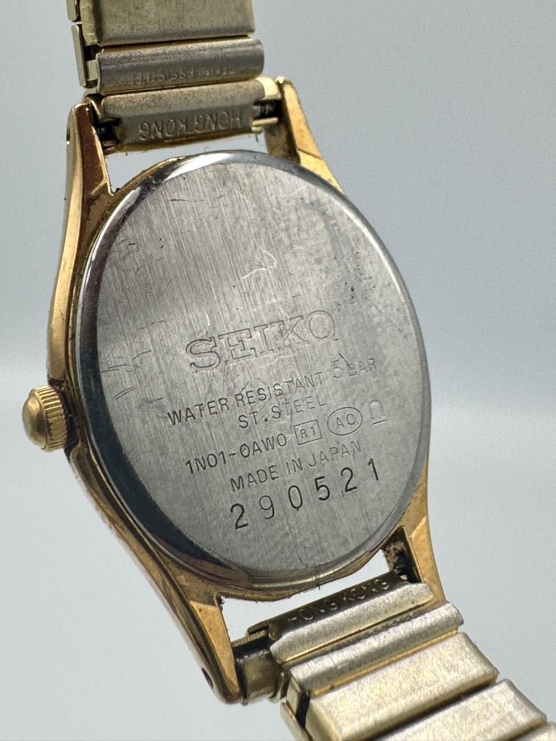 Seiko Essentials 1N01-0AW0 Analog Quartz Women Vintage Gold Plated White Oval Dial Ladies Watch Head Japan