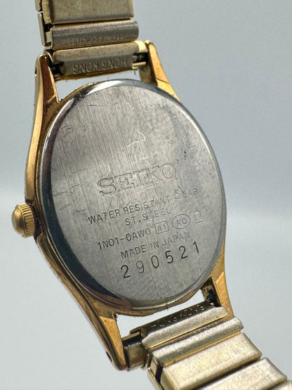 Seiko Essentials 1N01-0AW0 Analog Quartz Women Vintage Gold Plated White Oval Dial Ladies Watch Head Japan