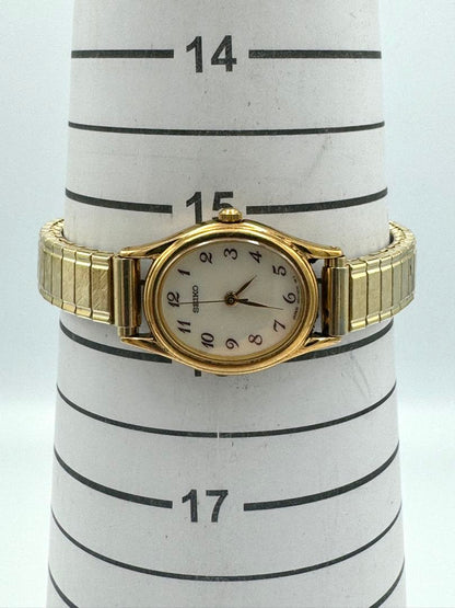Seiko Essentials 1N01-0AW0 Analog Quartz Women Vintage Gold Plated White Oval Dial Ladies Watch Head Japan