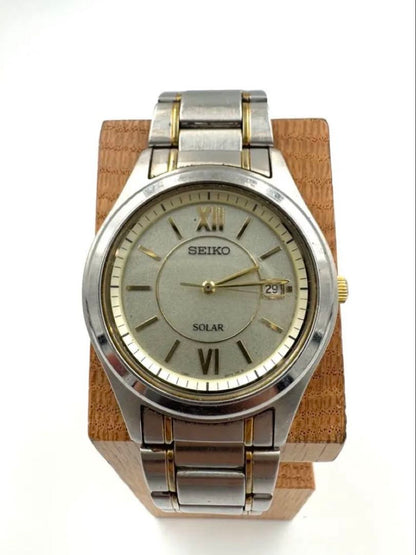 Seiko Spirit V145-0BV0 Analog Quartz Unisex Adults Solar Vintage Two-Tone Day Date Men'S Watch Japan Movement